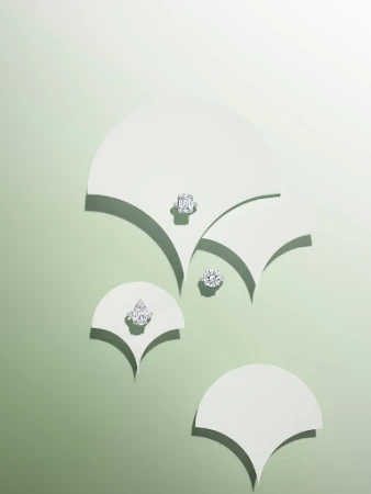 High angle shot of four diamond rings on different sized white paper shapes with curved edges against a gradient green background.