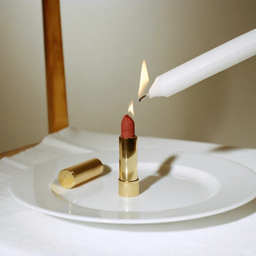 Red lipstick in gold tube is being melted by white candle flame on white plate against neutral backdrop, showcasing beauty industry.