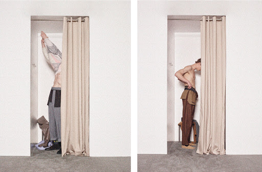 Diptych image of a man changing clothes inside a fitting room with beige curtains against a textured white wall.