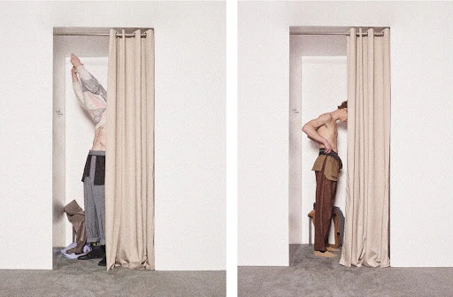 Diptych image of a man changing clothes inside a fitting room with beige curtains against a textured white wall.