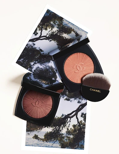Cosmetic flatlay featuring Chanel blush compacts with a makeup brush, set against a backdrop of art prints of an oceanside tree.