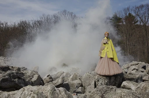 Female model stands on rocks in a yellow coat and pink dress against a misty forest backdrop, creating a surreal fashion portrait.
