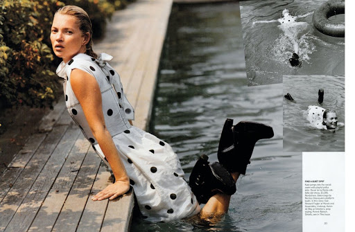 Kate Moss posing near water in polka dot dress and black boots, part of a collage with black-and-white swimming images.