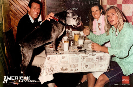 Family dining together at a table with a dog standing on it, styled by Forest Watson.