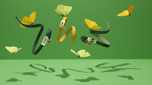 Fashion still life with floating leather belts and yellow butterflies against a green backdrop. Product photography for accessories.