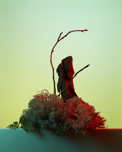Studio shot of a lichen-covered rock with bare branches against a gradient background, illuminated with yellow and red light, creating contrast.