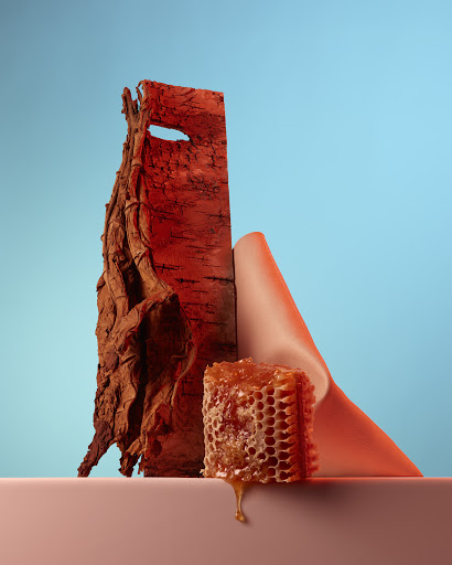 Still life composition featuring a honeycomb dripping honey, a piece of bark, and geometric shapes against a graduated blue background.