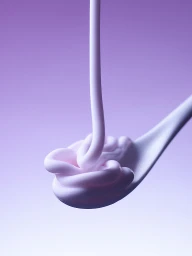 White cosmetic cream pouring onto a white spoon against a smooth purple gradient background