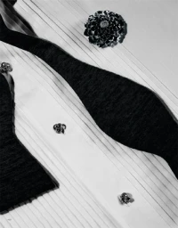 Close-up still life of a pleated white dress shirt with a black bow tie, metallic buttons, and a flower brooch.