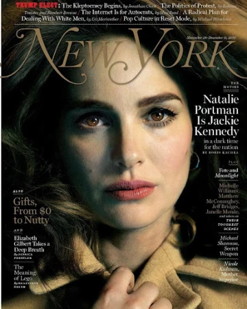 Magazine cover featuring a portrait of actress Natalie Portman for New York Magazine, promoting her role as Jackie Kennedy.