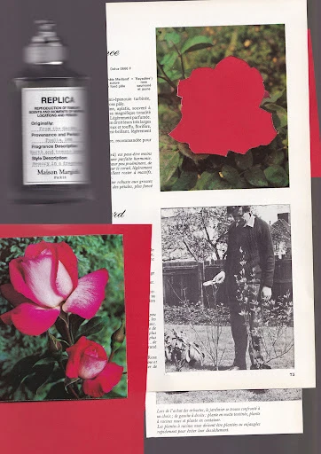 Maison Margiela REPLICA fragrance bottle with a collage of cut-out photographs of roses and a man in a garden.