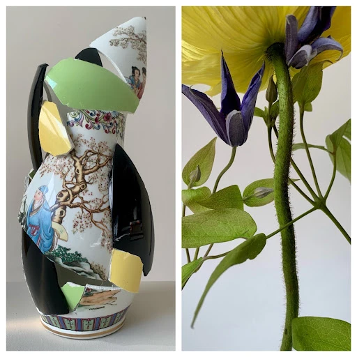 Broken vase with a traditional design next to a yellow flower and purple clematis against a white background in a diptych.