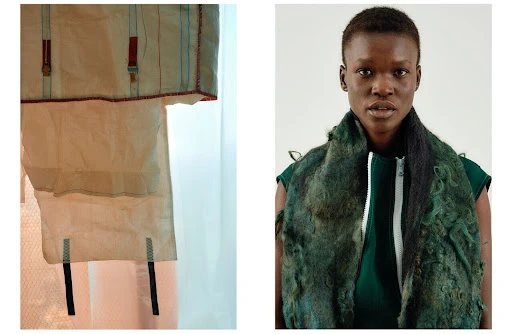 Fashion editorial shot with a woman wearing a green scarf and a deconstructed layered garment with stripes and metallic buckles.