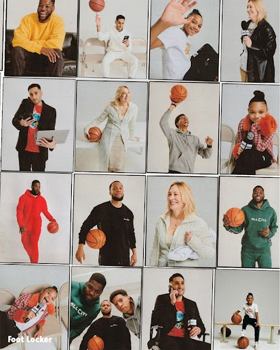 Collage of promotional photos featuring men, women, and children posing with basketballs in photo studio settings for sports fashion brand.