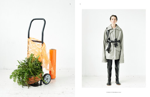 A fashion editorial showcases a model in an oversized grey jacket and black boots against a white backdrop, and a shopping trolley with plants.