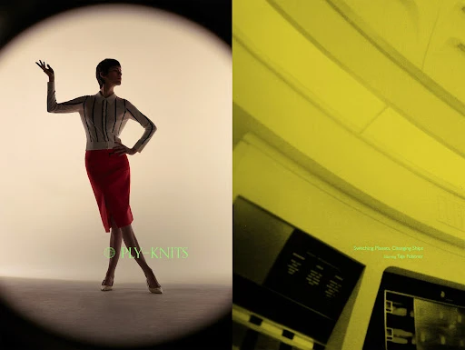 Fashion shot of woman in red skirt and striped top posing in studio lighting against yellow wall with office equipment in the background.