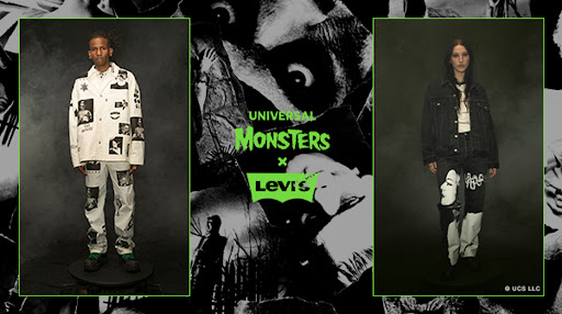 Two fashion models showcase a collaborative clothing line with prints of Universal Monsters, set against a backdrop of a horror collage.