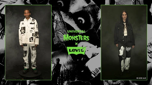 Two fashion models showcase a collaborative clothing line with prints of Universal Monsters, set against a backdrop of a horror collage.