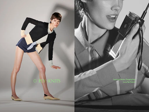 Fashion editorial shot featuring a female model in a color-blocked knit cardigan and shorts, alongside a black and white image with a walkie-talkie.