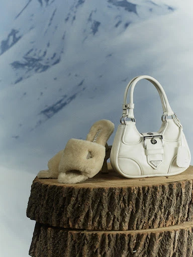 Still life fashion shot of a white leather handbag and fur slides on a wooden stump with a snowy mountain background.