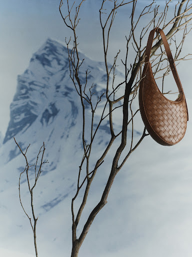 Brown leather handbag hanging from bare tree branches against a painted snow mountain backdrop.