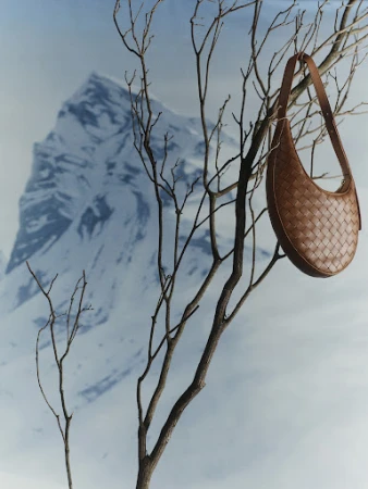 Brown leather handbag hanging from bare tree branches against a painted snow mountain backdrop.