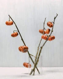 Small orange pumpkins hanging from thin bare branches arranged in a clear glass vase on a white surface.