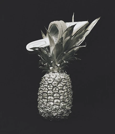 Still life of a pineapple with a slide sandal on top, set against a dark background in a visually striking, monochromatic composition.