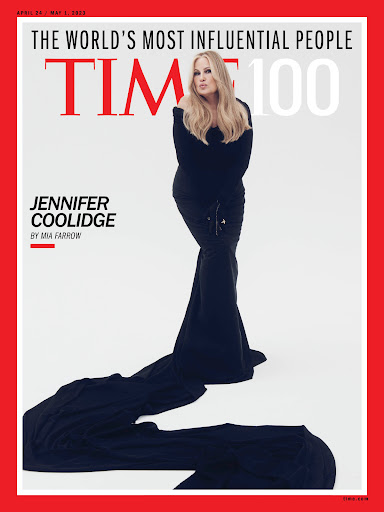 Jennifer Coolidge cover photo. Blonde woman in long-sleeved black gown, posing with gown train cascading. 'Time 100' text visible.