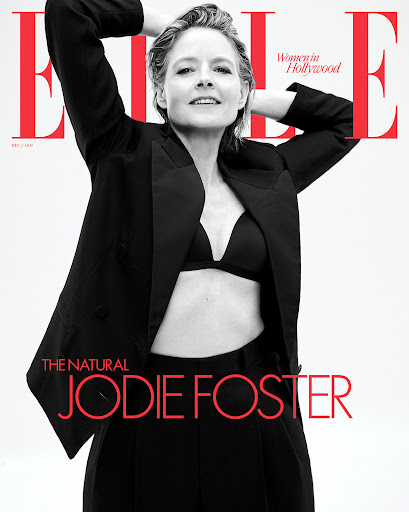 Elle magazine cover featuring Jodie Foster wearing a black blazer and bra with black pants against a clean, bright background.