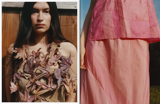 Two portraits feature an adult female model wearing a leaf-covered top, and a pink patchwork top and skirt in front of a wood fence.