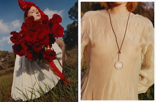 Two images: woman in field holding red roses and woman wearing necklace in white dress. Fashion editorial photography.