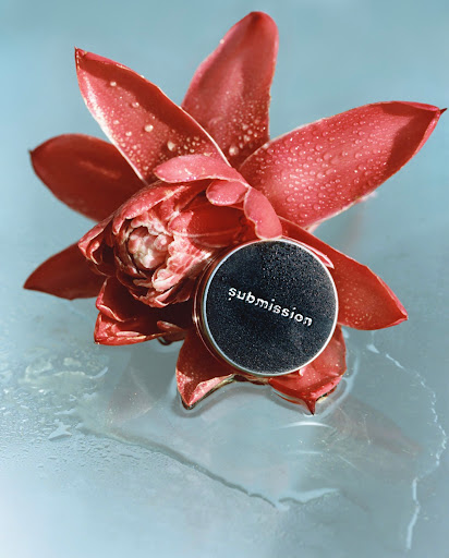 Floral still life: close-up of a vibrant red flower with water droplets, juxtaposed with a circular container labeled 'submission' on a blue backdrop.