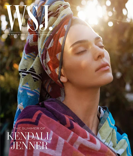 WSJ magazine cover featuring a woman with eyes closed, wearing a colorful towel on her head, and summer of Kendall Jenner text.