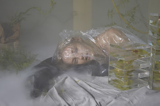 An adult woman lies on a sheet with a plastic bag over her head, next to clear containers holding green leaves. Smoke fills the room.
