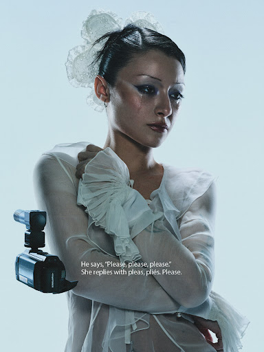 Woman in white bridal wear with tears. Camera in the foreground. Text states, 'He says, 'Please, please, please.' She replies with pleas, pliés. Please.'