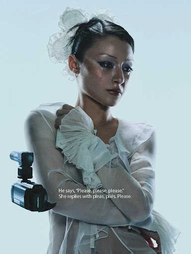 Woman in white bridal wear with tears. Camera in the foreground. Text states, 'He says, 'Please, please, please.' She replies with pleas, pliés. Please.'