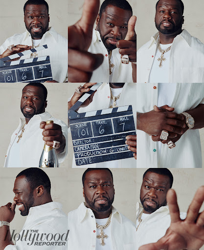 Composite image of 50 Cent wearing a white shirt, gold chain, and rings, holding a director's slate with 'Hollywood Reporter' logo visible.