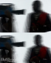 Two-panel vertical image of a person behind a vertically striped translucent glass screen holding a camera.