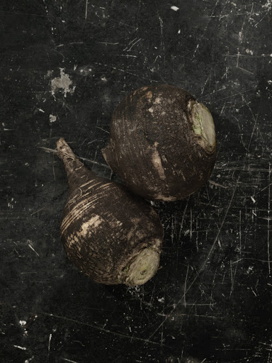 Two black radishes are placed on a black surface with scratches, creating a simple and textured still life image.
