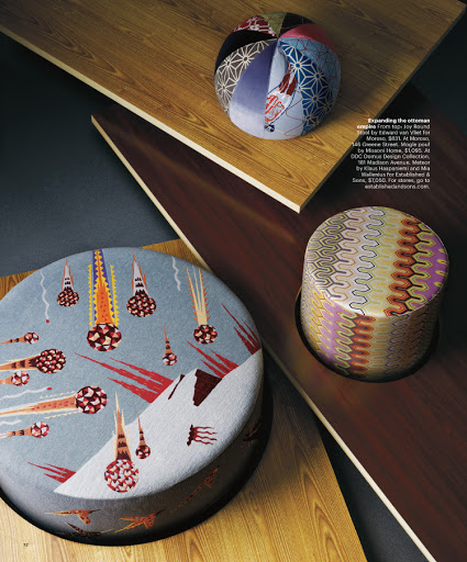 Three patterned ottomans of varying sizes and shapes are presented on geometric, wood-paneled surfaces, creating a modern furniture display.