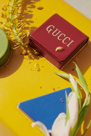 Close-up of a red Gucci box surrounded by a yellow surface, small flowers, a green container, and a blue triangle.