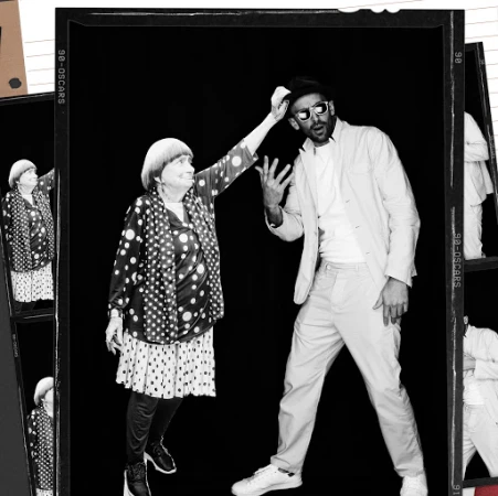 Black and white portrait of an elderly woman in a polka dot dress and a man wearing sunglasses and a hat with prop styling by Maxim Jezek.