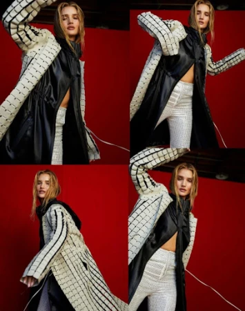 Model Rosie Huntington Whiteley wearing a black coat and textured white trousers against a red background in a four-panel grid image