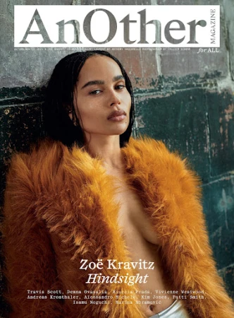 Zoë Kravitz magazine cover: AnOther Magazine. Adult female in a fur coat poses against a wall. Magazine text and logos are visible.