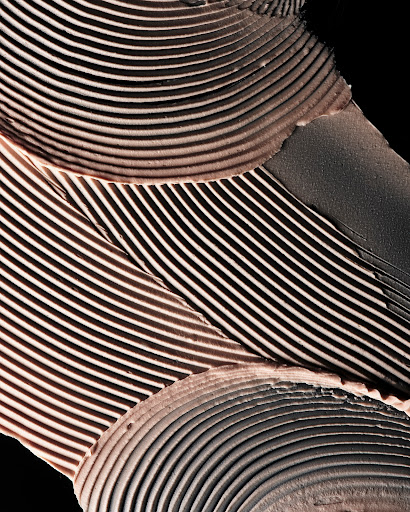 Macro shot of a light brown cosmetic product with lines and ridges against a solid black background, emphasizing texture and detail.
