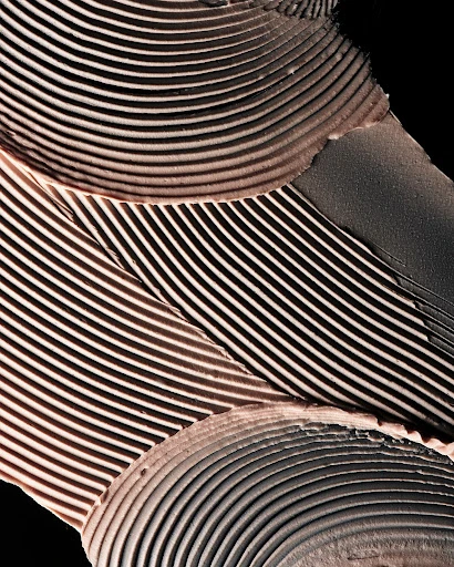 Macro shot of a light brown cosmetic product with lines and ridges against a solid black background, emphasizing texture and detail.