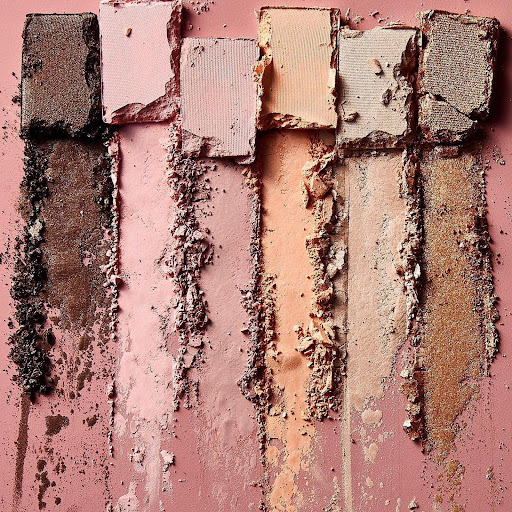 Close-up of a row of rectangular eyeshadow palettes in neutral and brown tones with powder residue on a light pink background.