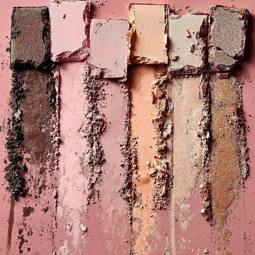 Close-up of a row of rectangular eyeshadow palettes in neutral and brown tones with powder residue on a light pink background.