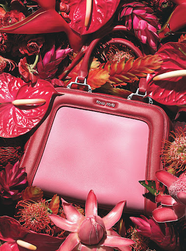 Elegant pink Miu Miu handbag surrounded by vibrant red Anthurium flowers and other tropical foliage in a high-fashion still life.